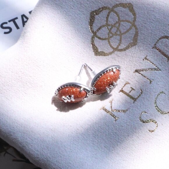 Kendra Scott Football Silver Orange Goldstone Stud Earrings - Picture 2 of 2